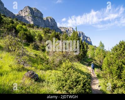 A walker ascending the steep path out of the Vikos Gorge to the village of Vikos in the Zagori region of northern Greece Stock Photo