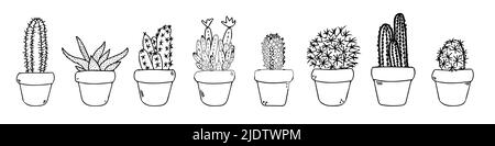 Cactus set in pot vector sketch icons. Cute black succulents outline illustration. Mexican cacti in flowerpot line art. Stock Vector