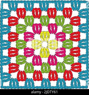 Granny Squares and Ripples Afghan pattern. Crochet vector illustration of square elements, handmade, multicolored knitted squares. Stock Vector