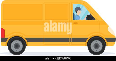 Delivery van with driver isolated on white background. Delivery service concept. Vector illustration Stock Vector