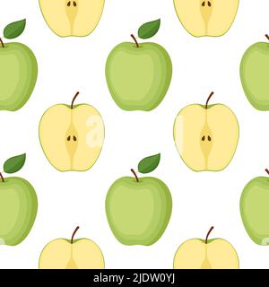Seamless pattern with green apples, whole fruits and halves, vector illustration Stock Vector