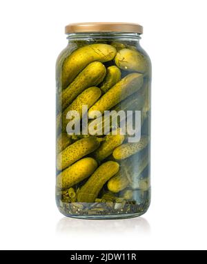 Glass can of canned cucumbers isolated on white with clipping path Stock Photo