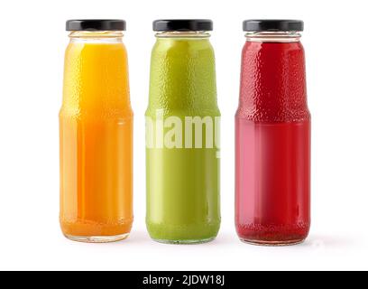 Set of glass jar juice bottles with lid  isolated on white background Stock Photo