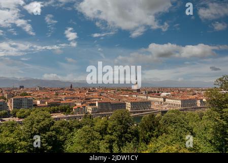 Turin, Piedmont, Italy - cityscape seen from above with piazza Vittorio and the Mole Antonelliana architecture symbol of the city of Turin, in the bac Stock Photo