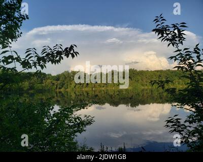 Thunderstorm and reflection on Antrim Lake, Columbus, Ohio Stock Photo