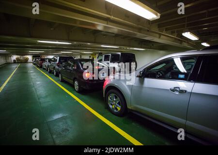 Caribou, Nova Scotia - Cars waiting for disembarking at the arrival ferry terminal. Northumberland Ferry service operates from PEI to NS daily trips Stock Photo