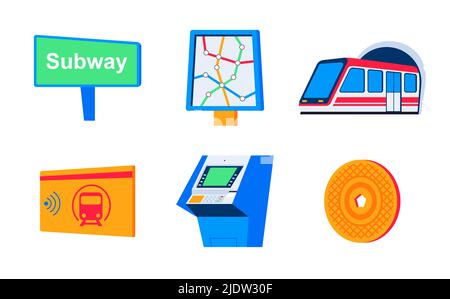 Ride in the city subway - flat design style icons set Stock Vector