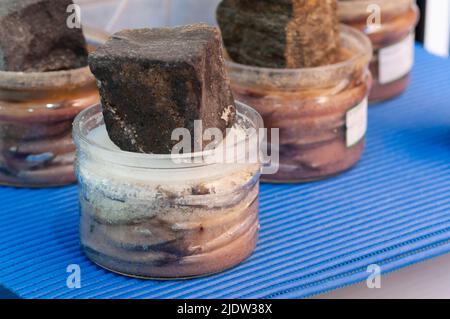 Italy, Liguria, Salted Anchovies in a Glass Jar Stock Photo