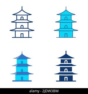 Pagoda icon set in flat and line style. Asian style building. Chinese temple. Vector illustration. Stock Vector