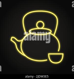 Tea neon icon in line style. Teapot and cup symbol. Vector illustration. Stock Vector