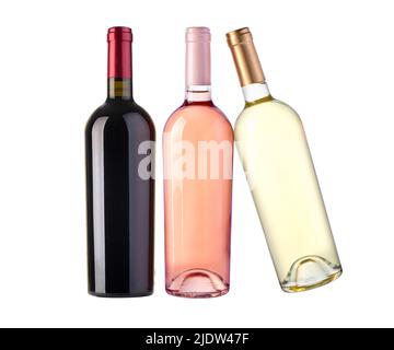 Front view red, rose and white wine blank bottles isolated on white background. Stock Photo