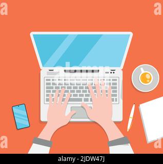 Minimal Illustration Of working On A laptop Keyboard Hands Pen Notebook Smartphone Concept Graphic Business office Stock Vector