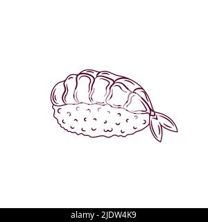 Nigiri sushi species. Engraving sketch style illustrations. Isolated line sushi on white background. Japanese food menu design elements. Vector Stock Vector
