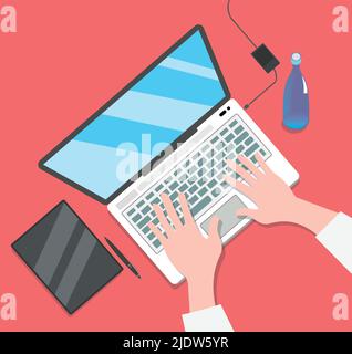 Simple Illustration Of Working On A Laptop Keyboard Bottle Tablet Pen Charger Hands Concept Graphic Business office Stock Vector