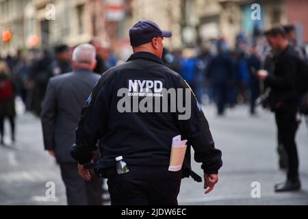 Manhattan, USA - 11. November 2021: NYPD Counterterrorism unit officer in New York City. Veterans Day Parade in Manhattan. New York Police counter ter Stock Photo