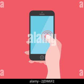 Mobile Phone Illustration Flat Design Smartphone Hand Template Technology Gadget Blue Display Minimalistic Template Stock Vector