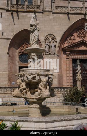 Spain, Burgos. Fountain in front of Cathedral of Santa Maria, a World Heritage Site. Stock Photo