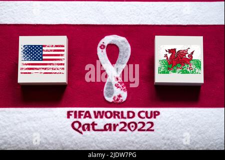 DOHA, QATAR, 3. JULY: Group B: USA vs Wales, Ahmed bin Ali Stadium, Al Rayyan, FIFA World Cup in Qatar 2022, Football match with national flags, banne Stock Photo