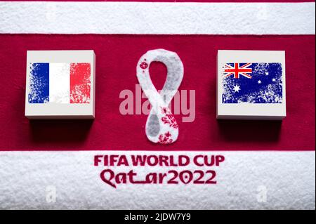 DOHA, QATAR, 3. JULY: Group D: France vs Australia, Al Janoub Stadium, Al Wakrah, FIFA World Cup in Qatar 2022, Football match with national flags, ba Stock Photo