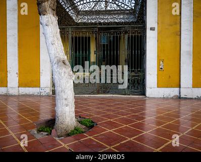 LIMA, PERU - CIRCA SEPTEMBER 2019: Typical old door and window in Barranco, a neighborhood of Lima, Peru. Stock Photo