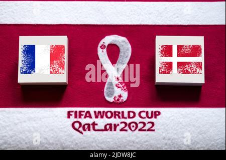 DOHA, QATAR, 3. JULY: Group D: France vs Denmark, Stadium 974, Doha, FIFA World Cup in Qatar 2022, Football match with national flags, banner with edi Stock Photo