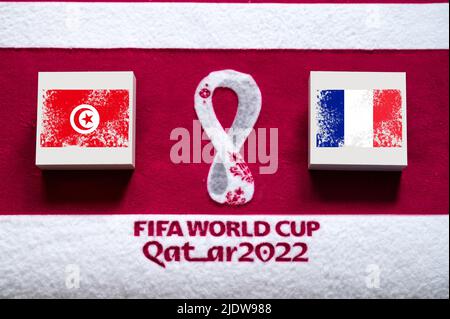 DOHA, QATAR, 3. JULY: Group D: Tunisia vs France, Education City Stadium, Al Rayyan, FIFA World Cup in Qatar 2022, Football match with national flags, Stock Photo