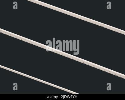 Three sidelong diagonal white metal bars or lines on black background. Abstract photography. Stock Photo