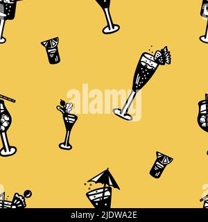 Pattern with black and white cocktails. Drinks with ice, fruits, berries, alcohol on a yellow background. Stock Vector