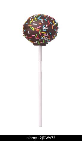 Front view of colorful sprinkles chocolate cake pop isolated on white Stock Photo