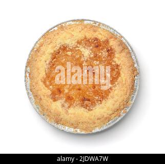 Top view of round lemon pie in aluminum foil tray isolated on white Stock Photo