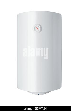 Front view of vertical electric tank water heater isolated on white Stock Photo
