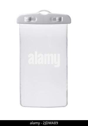 Front view of empty waterproof plastic phone case isolated on white Stock Photo