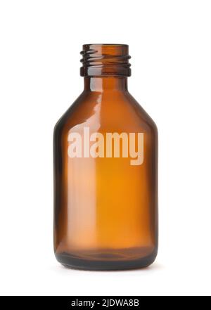 Front view of empty amber pharmacy glass bottle isolated isolated on white Stock Photo