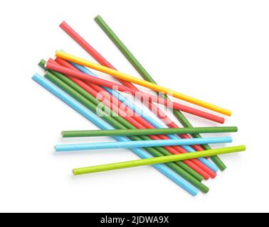 Top view of different colorful paper cocktail straws isolated on white Stock Photo
