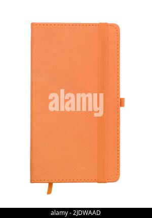 Front view of blank orange leather notebook isolated on white Stock Photo