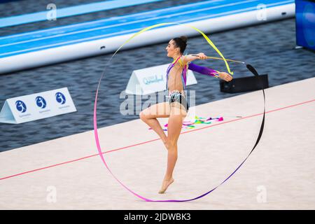 Gold Coast, Australia. 17th May, 2022. New Zealand Senior International Rhythmic Gymnast, Havana Hopman performing ribbon routine during 2022 Oceania Rhythmic Gymnastics Continental Championships. The event was running in parallel with Australian Gymnastics Championships on Gold Coast, Queensland. (Photo by Alexander Bogatyrev/SOPA Images/Sipa USA) Credit: Sipa USA/Ģ����ý Live News Stock Photo