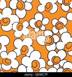 Seamless pattern based on traditional folk art flowers ornaments. Orange and white floral background. Scandinavian style. Sweden nordic style. Vector Stock Vector