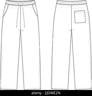 Loose Sweatpants Flat Technical Drawing Illustration Five Pocket Classic Blank Streetwear Mock-up Template for Design Tech Packs CAD Casual Stock Vector