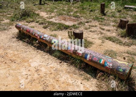 Spain, Camino de Santiago.  Flags and Greetings left by Hikers at a Lunch Stop on the Trail in the Oca Mountains en route to San Juan de Ortega. Stock Photo