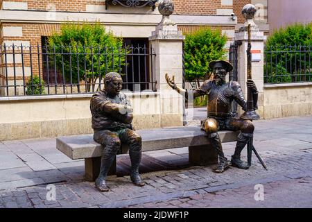 Madrid, Spain, June 22, 2022: Statues of Don Quixote and Sancho Panza in the city of Cervantes. Stock Photo