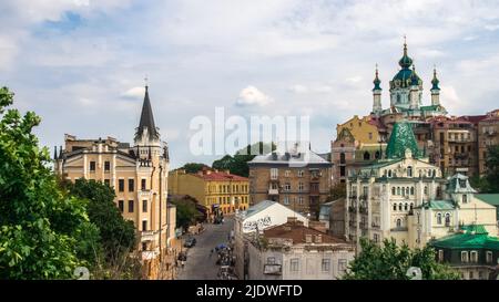 Summer cityscape, view on Andriyivskyy Descent in Kyiv city, Ukraine Stock Photo