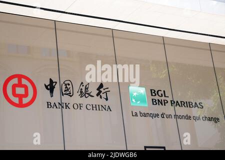 A shop sign of Bank of China and BGL BNP PARISBAS, on June 23, 2022 in Luxembourg City, Luxembourg. Photo by David Niviere/ABACAPRESS.COM Stock Photo