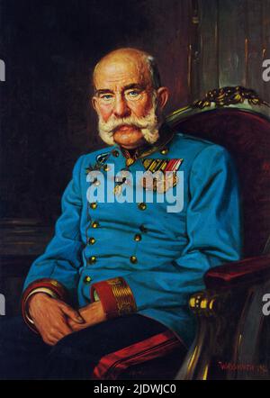 1915 , Wien , Austria   : The austrian Kaiser FRANZ JOSEF ( Schonbrunn 1830 - 1916 ) , Emperor of Austria , King of Hungary and Bohemia . Portrait by painter Wassmuth  - FRANCESCO GIUSEPPE - JOSEPH - ABSBURG - ASBURG - ASBURGO - NOBILITY - NOBILI - NOBILTA' - REALI - HABSBURG - HASBURG - ROYALTY - divisa militare - military uniform - decorazioni militari - medaglia - medaglie - medal - medals - hat - cappello - baffi - moustache - favoriti  - Imperatore  - uomo anziano vecchio - ancient older man ----  Archivio GBB Stock Photo