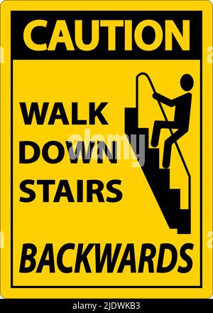 Caution Walk Down Stairs Backwards Sign Stock Vector
