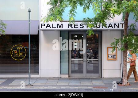 The Palm, 206 West St, New York, NYC storefront photot of a steakhouse restaurant in the Tribeca neighborhood in Manhattan. Stock Photo