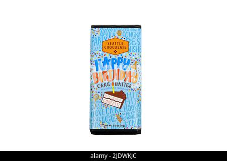 A Seattle Chocolate Happy Birthday Cake Batter chocolate bar isolated on a white background. cutout image for illustration and editorial use. Stock Photo