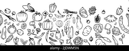 Delicious vegetables. Garden fruits. Edible food plants. Bottom border at edge. Hand drawn outline. Continuous seamless picture. Monochrome drawing Stock Vector