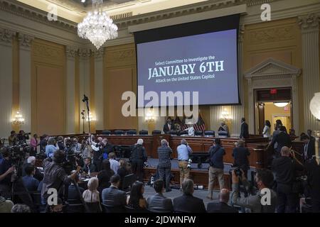 Washington, United States. 23rd June, 2022. Members of the House Jan. 6 select committee enter a hearing room on Capitol Hill on Thursday, June 23, 2022 in Washington DC. Pool photo by Demetrius Freeman/UPI Credit: UPI/Alamy Live News Stock Photo