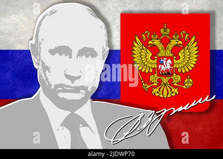 Vladimir Putin, Russia flag, coat of arms and signature Stock Photo