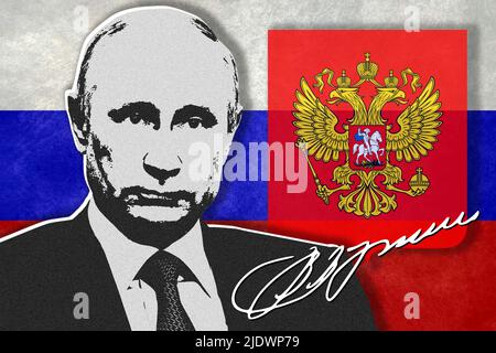 Vladimir Putin, Russia flag, coat of arms and signature Stock Photo